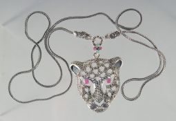 A SILVER RUBY, EMERALD AND SAPPHIRE PANTHER NECKLACE.