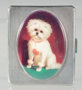 AN EDWARD VIII ENGINE TURNED SILVER CIGARETTE CASE, with an oval enamel of a dog. Birmingham, 1936.