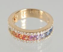A GOOD 18ct. YELLOW GOLD SAPPHIRE AND DIAMOND HALF-HOOP ETERNITY RING.