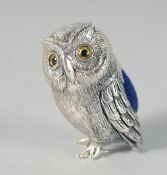 A CAST SILVER OWL PIN CUSHION, 3 cm.