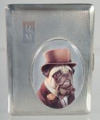 AN ENGINE TURNED CIGARETTE CASE, oval enamel of a pug smoking, Birmingham 1946.
