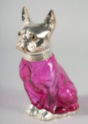 A FRENCH BULLDOG GLASS DECANTER, with plated head, 20 cm high.