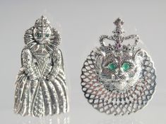 TWO SILVER ROYAL QUEEN CAT BROOCHES AND PENDANT (3).