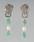 A PAIR OF SILVER EMERALD AND PEARL PANTHER DROP EARRINGS.
