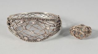 A SILVER OPEN WEAVE BANGLE AND RING.