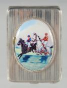 A SILVER HORSE RACING MATCH BOX CASE, over the sticks.