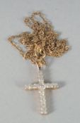 A 9ct. GOLD DIAMOND CROSS AND CHAIN.
