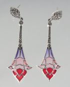 A PAIR OF SILVER AND ENAMEL ART DECO DESIGN DROP EARRINGS.