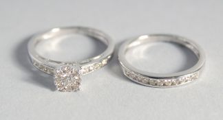 A 9ct. GOLD DIAMOND SET SOLITAIRE RING AND WEDDING RING. (2).