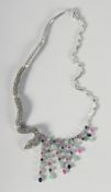 A GOOD SILVER SAPPHIRE, EMERALD, AND RUBY SNAKE NECKLACE.