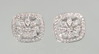 A VERY GOOD PAIR OF 18ct. WHITE GOLD, VINTAGE STYLE, DIAMOND FLOWER EARRINGS.