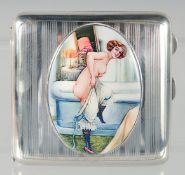 A GEORGE V ENGINE TURNED SILVER CIGARETTE CASE, with an oval enamel of a nude. Birmingham, 1919.