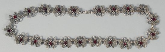 A GOOD SILVER GARNET AND MARCASITE BUTTERFLY NECKLACE.