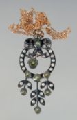 A 9CT GOLD AND SILVER PERIDOT, DIAMOND AND PEARL PENDANT AND CHAIN