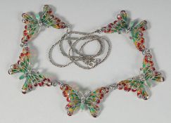 A GOOD SILVER EMERALD AND ENAMEL BUTTERFLY NECKLACE.
