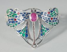 A SILVER RUBY AND EMERALD PLIQUE-A-JOUR ENAMEL DRAGONFLY BANGLE.