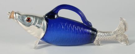 A BLUE GLASS AND PLATE FISH DECANTER, 35 cm.