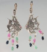 A PAIR OF SILVER RUBY, EMERALD, SAPPHIRE ANGEL FISH EARRINGS