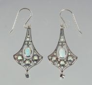 A PAIR OF SILVER OPAL SET DROP EARRINGS IN THE DECO STYLE.