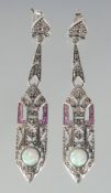 A PAIR OF SILVER OPAL SET LONG DROP EARRINGS.