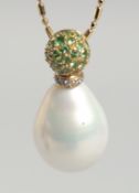 AN 18ct YELLOW GOLD FRESHWATER PEARL GREEN GARNET AND DIAMOND DROP PENDANT.