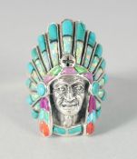 A SILVER AND OPAL AND CORAL SET NATIVE AMERICAN RING.