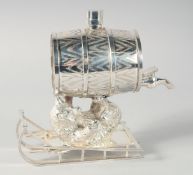 A SILVER PLATED RUSSIAN BEAR BARREL DECANTER.