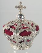 A SILVER CROWN PIN CUSHION, 4 cm.