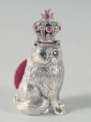A CAST SILVER CAT WITH CROWN PIN CUSHION, 3.5 cm.