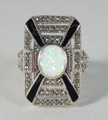 A SILVER OPAL, MARCASITE AND ENAMEL DECO RING.
