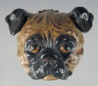 A COLD PAINTED BRONZE PUG DOG STAMP HOLDER, 7 cm.