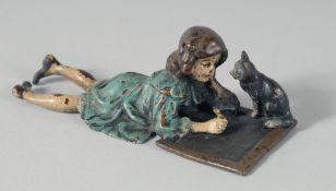 A COLD PAINTED BRONZE GIRL AND CAT, 10 cm.
