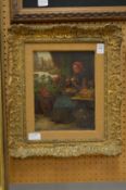 The fruit and flower seller, oil on board in a decorative gilt frame.