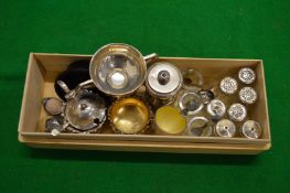 A small silver trophy cup, silver pepper grinder and other items.