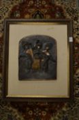 A relief cast bronze plaque of three dancing girls, framed.