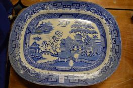 A pair of large blue and white willow pattern dishes.