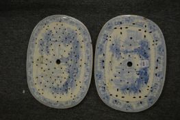 A pair of blue and white strainers.