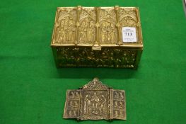 A Continental cast brass casket and similar triptych.