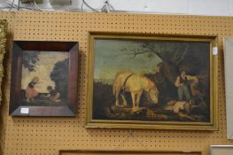 Naive school, figures resting by a tree with horses, oil on canvas together with a small oil