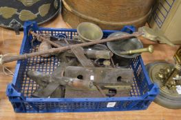 Brass pestles and mortars, old wood working planes etc.