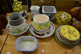 Various pottery jardinieres, decorative plates etc.