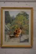 Leslie Fotheroy, tortoiseshell cat in a garden, watercolour, signed.