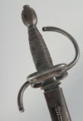A military broad sword with 'S' shaped guard and fluted pommel, signed, in a black leather
