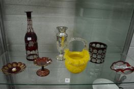 Decorative glassware to include a frilly edge bowl, a lustre vase etc.