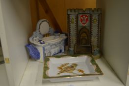 Porcelain ashtray, novelty teapot and a Royal Commemorative piece of china.