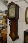 A Continental oak wall clock with painted arched dial.