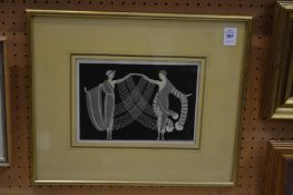 After Erte, two female figures in stylised dresses.