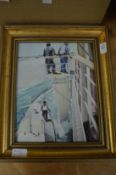 Boats pulling alongside a freighter, oil on board.