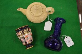 A small glass ewer, imari vase and miniature teapot.