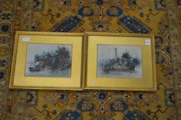 Chinese School, Boats moored by buildings, watercolours, a pair.